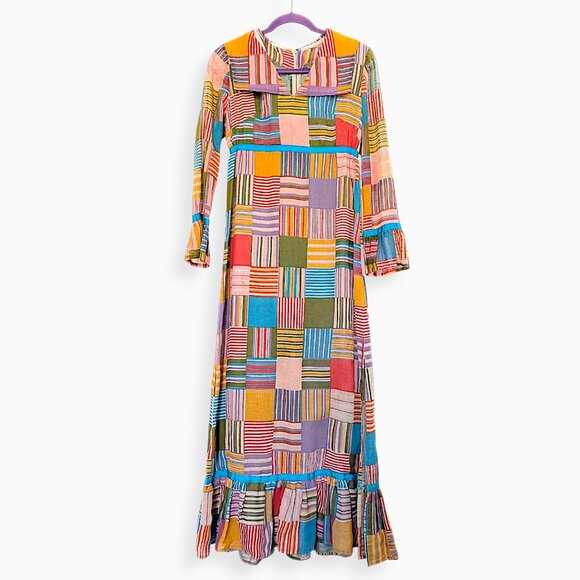 vintage 70's handmade metal zipper pastel rainbow patchwork madras midi dress - Picture 5 of 11
